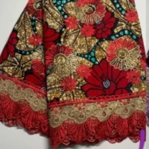 African Print Lace Fabric/ Ankara - wine, gold, blue mixed colors.  6 Yards 