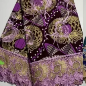 African Print Lace Fabric/ Ankara - wine, gold, blue mixed colors.  6 Yards 
