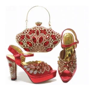 African sandals Italian shoes and bags to match, red color shoes with bag set
