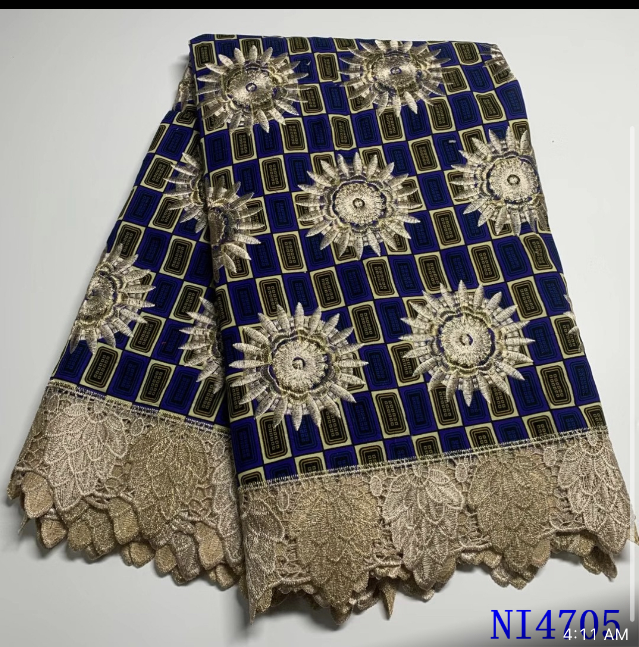 African Print Lace Fabric/ Ankara – green, gold, blue mixed colors.  6 Yards 