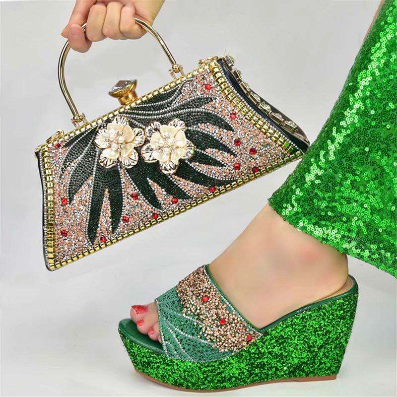 Luxury Party Wedge Slide Shoe & Bag Set . Shoes with Matching Handbag