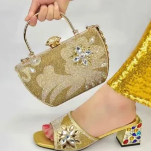 Luxury Low Heel Party Shoe and Bag Set for Women- Gold