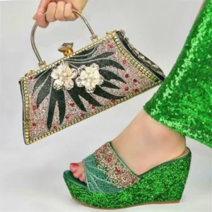 Luxury Party Wedge Slide Shoe & Bag Set . Shoes with Matching Handbag