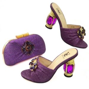 New shoes bag set slipper hot sale purple fashion women slipper bag set matching shoes and purse. Medium Heel 3 and Half inches