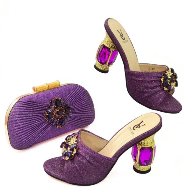 New shoes bag set slipper hot sale purple fashion women slipper bag set matching shoes and purse. Medium Heel 3 and Half inches